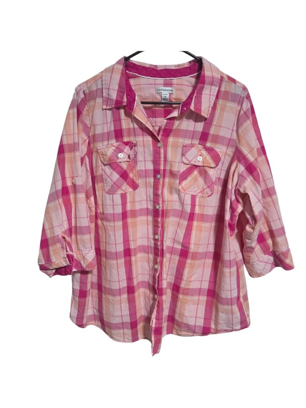 Croft & Barrow Button Up Shirt Womens Plus Size 1X Pink Orange Plaid Long Sleeve